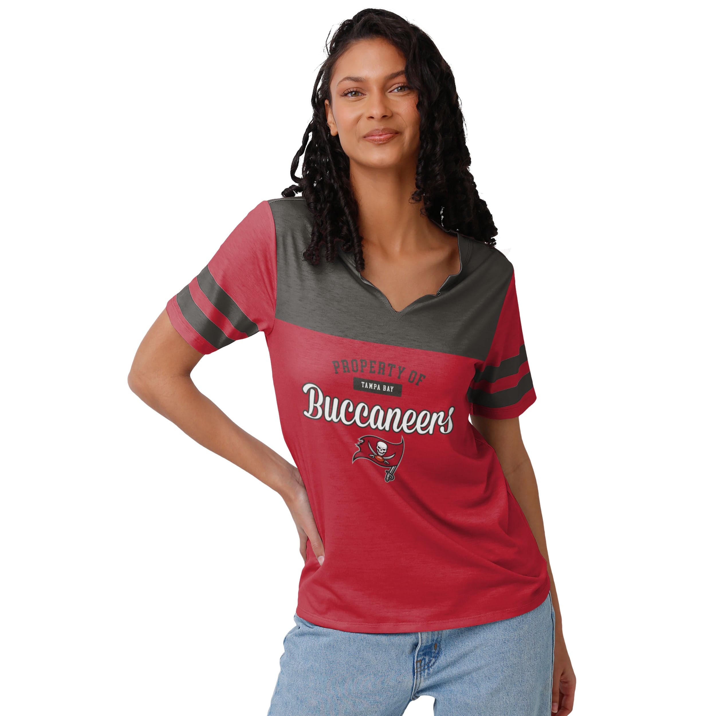 New NFL Team Apparel Football TAMPA BAY BUCCANEERS Red Grey White Striped  V-Neck Team Shirt