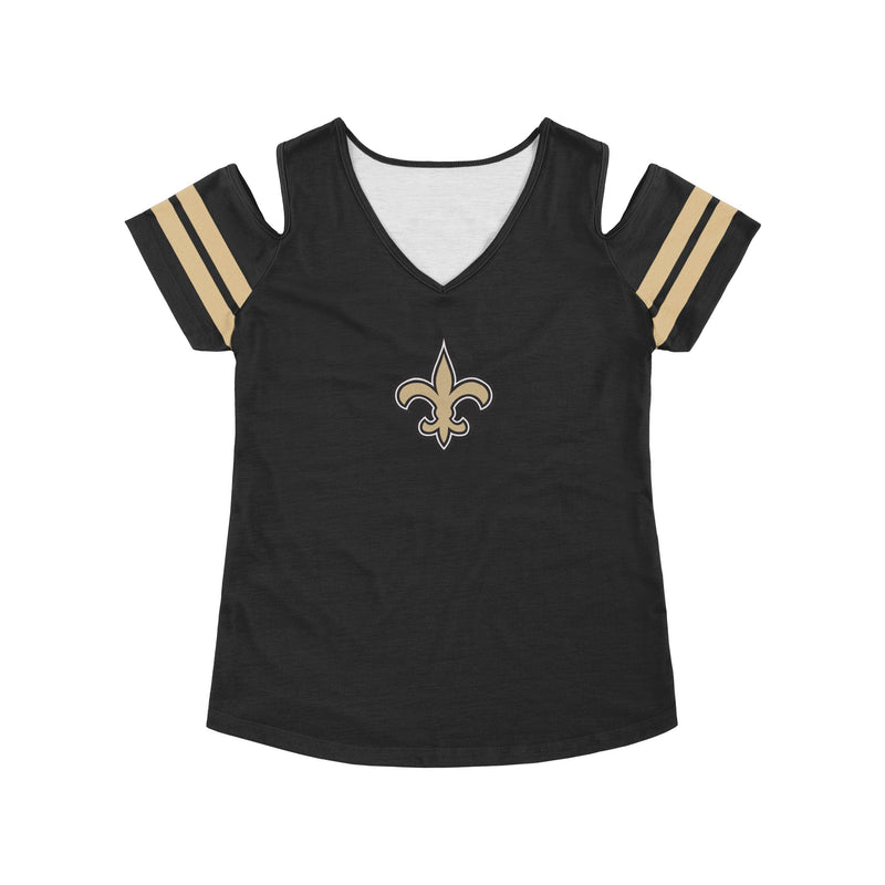 N.O. Saints Ladies Black T-shirt With Gold Sleeves 